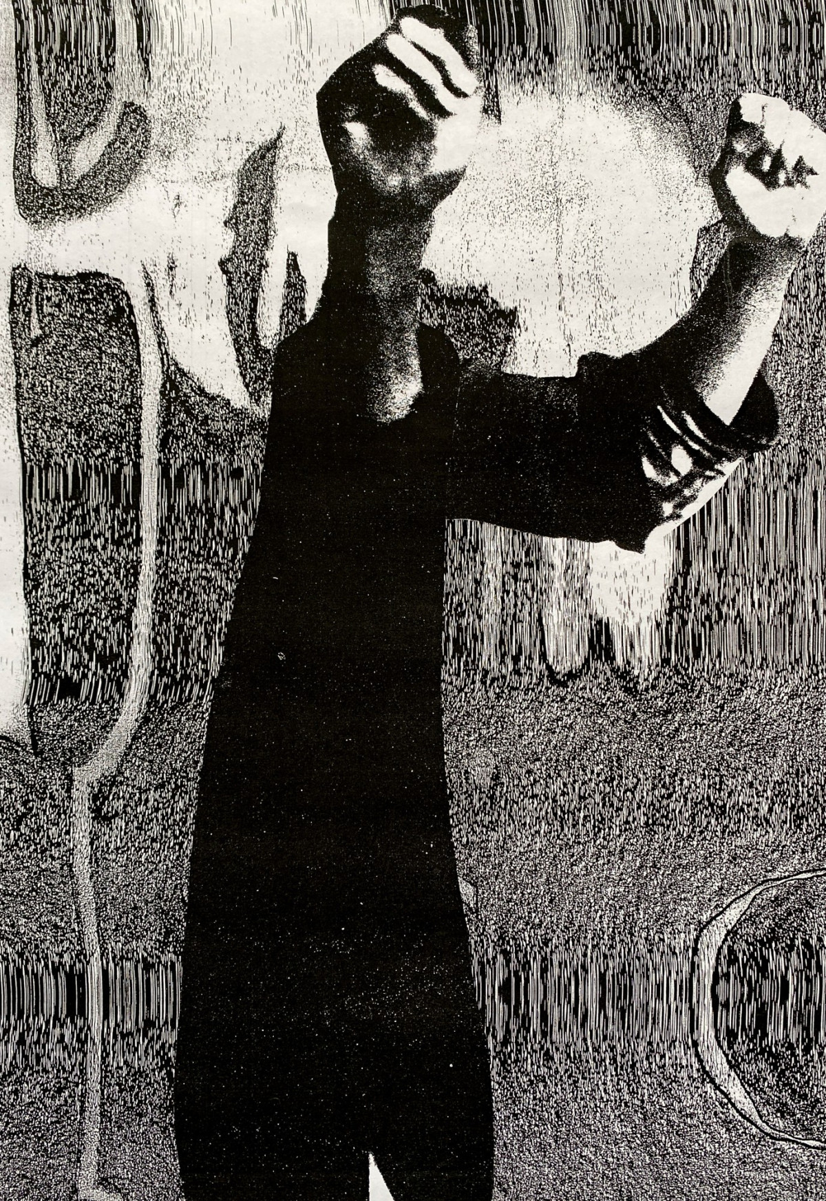 A drawing of fists raised in the air